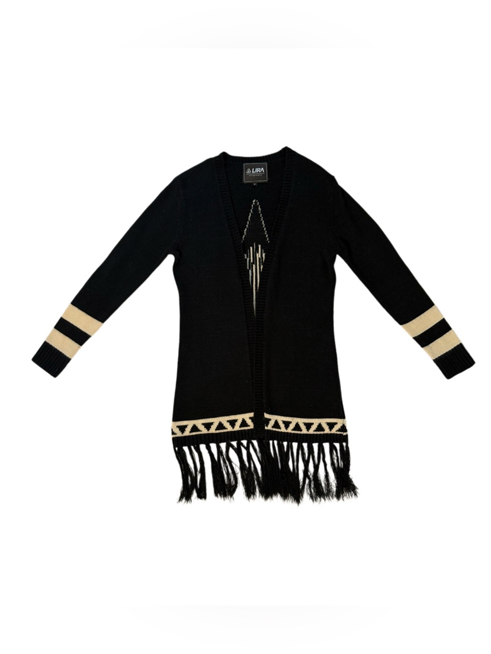 Lira Black Open-Front Fringe Cardigan with Cream Trim and the All Seeing Eye